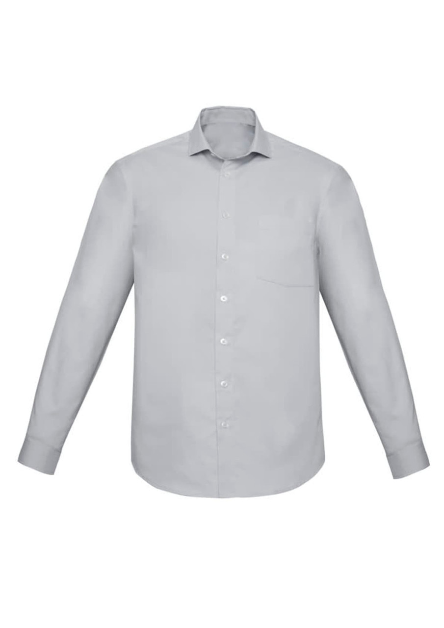 A classic fit long sleeve shirt in light grey featuring a button-up front and a single chest pocket.