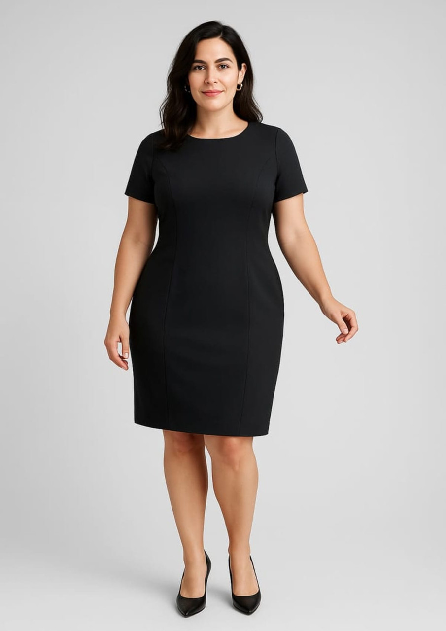 A black short sleeve shift dress with a fitted silhouette, featuring a round neckline and a subtle logo.