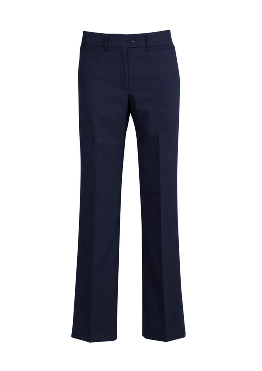 Navy blue relaxed pants with a straight leg design, featuring a waistband and a small logo.
