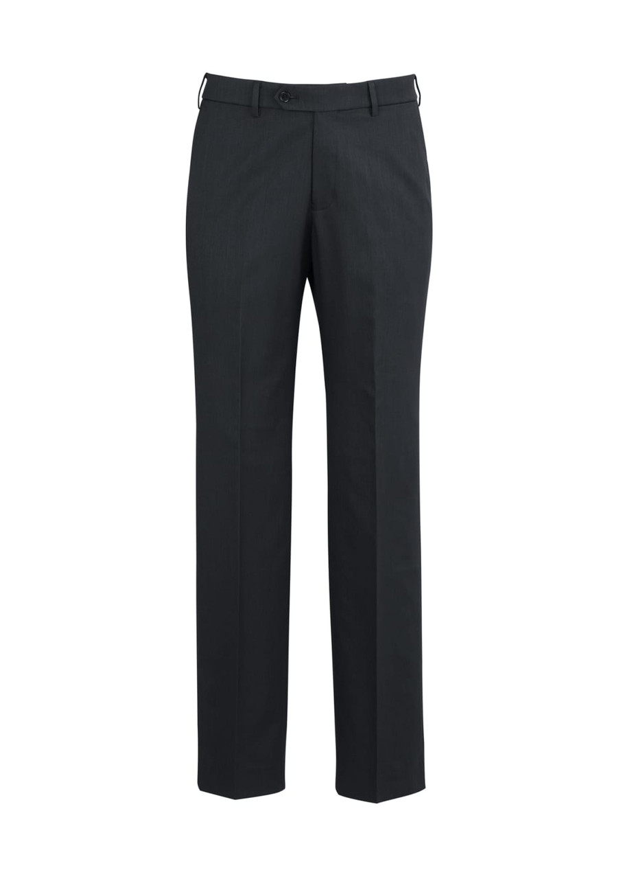 Black slacks with a straight leg design and adjustable waist. Features a branded logo.