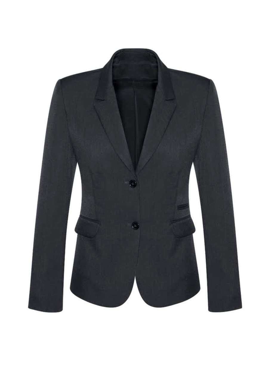 A women's mid-length jacket in dark grey, featuring a two-button closure and a fitted silhouette.