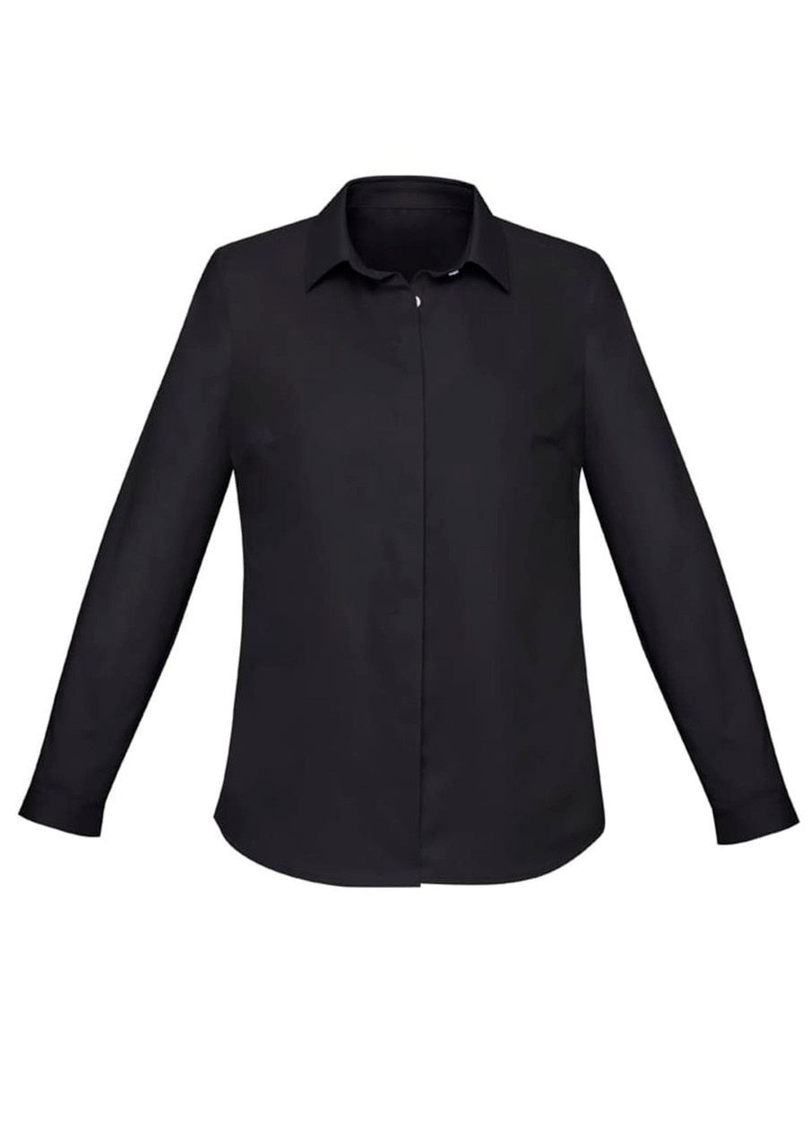 A black women's button-up shirt featuring long sleeves and a classic collar, with a logo on it.