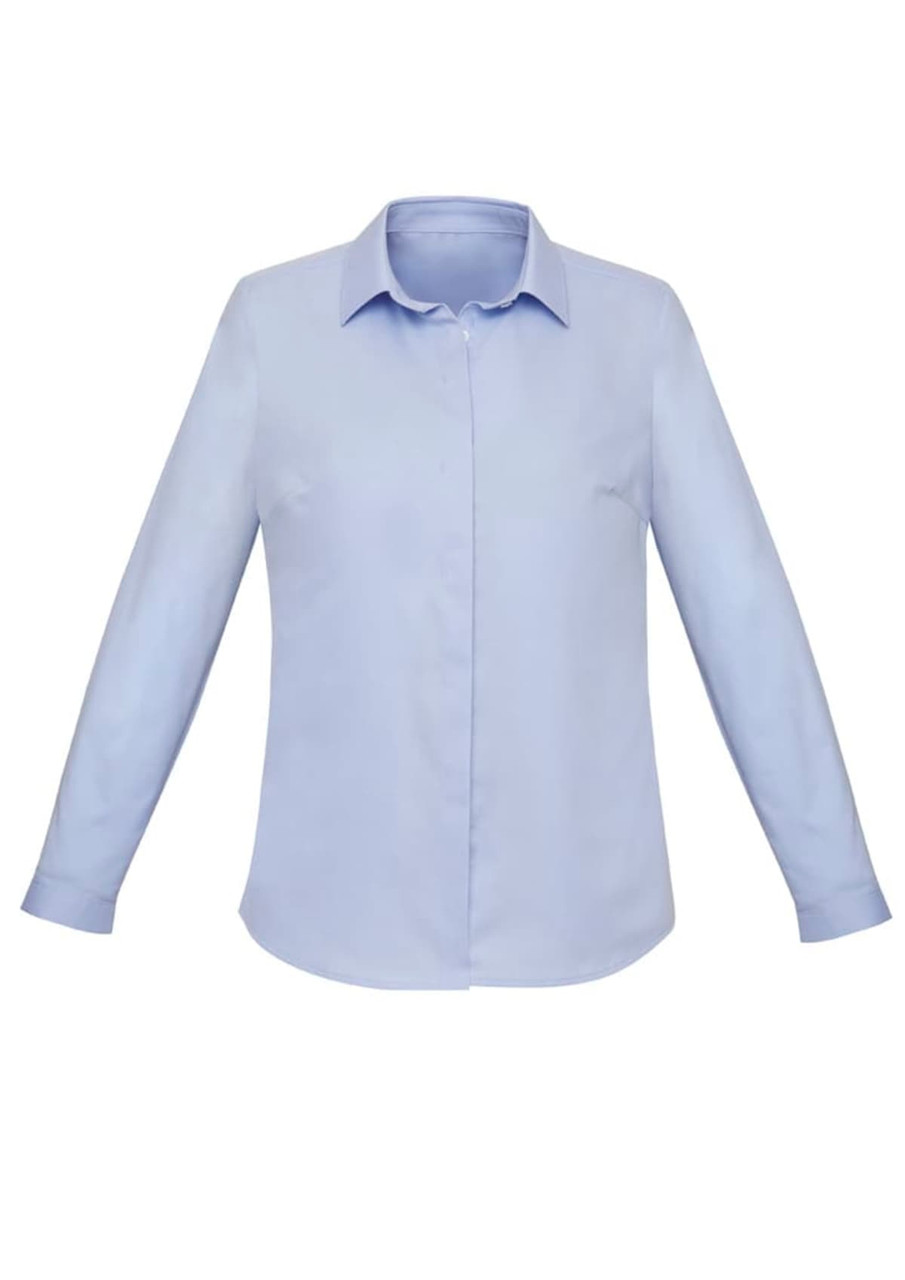 A light blue women's long sleeve button-up shirt with a collar and a smooth fabric finish. Features a logo on the chest.