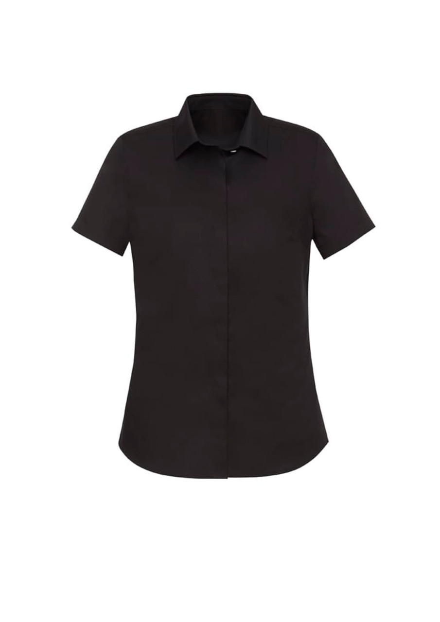 A black women's short sleeve button-up shirt with a classic collar and a sleek design. Features a logo.
