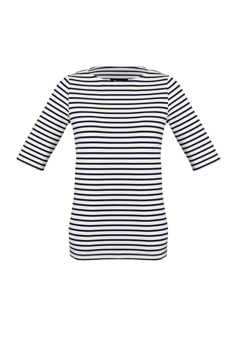 A women's short sleeve T-top in navy and white stripes, featuring a crew neckline and a branded logo.