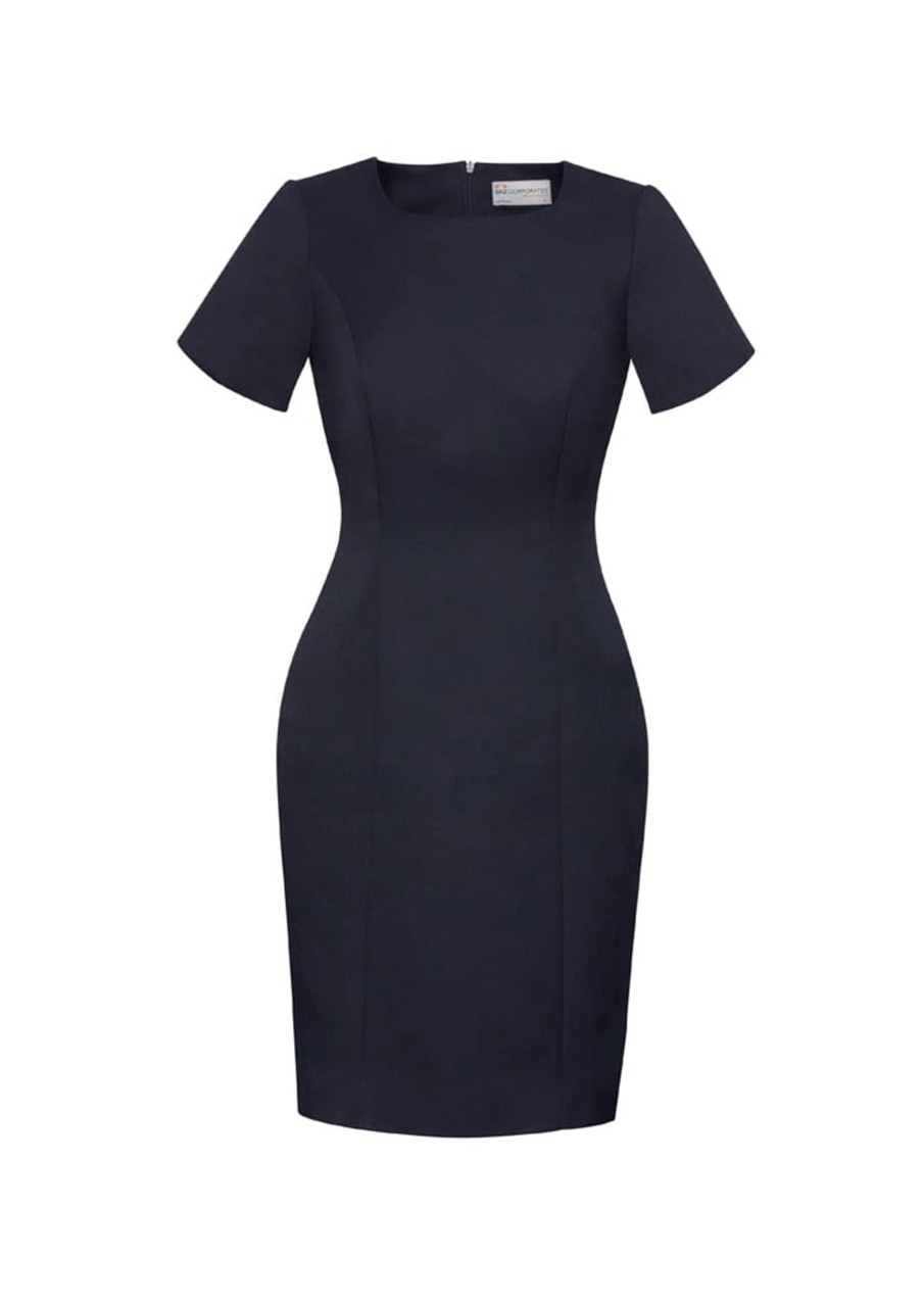 A short sleeve shift dress in navy blue with a fitted silhouette and a subtle brand logo.