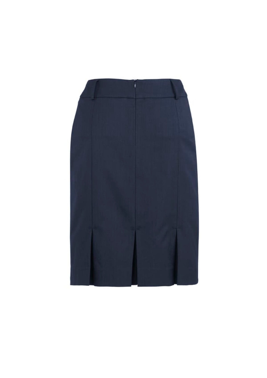 A navy multi-pleat skirt featuring a fitted design and a back zip. It has a branding logo on it.