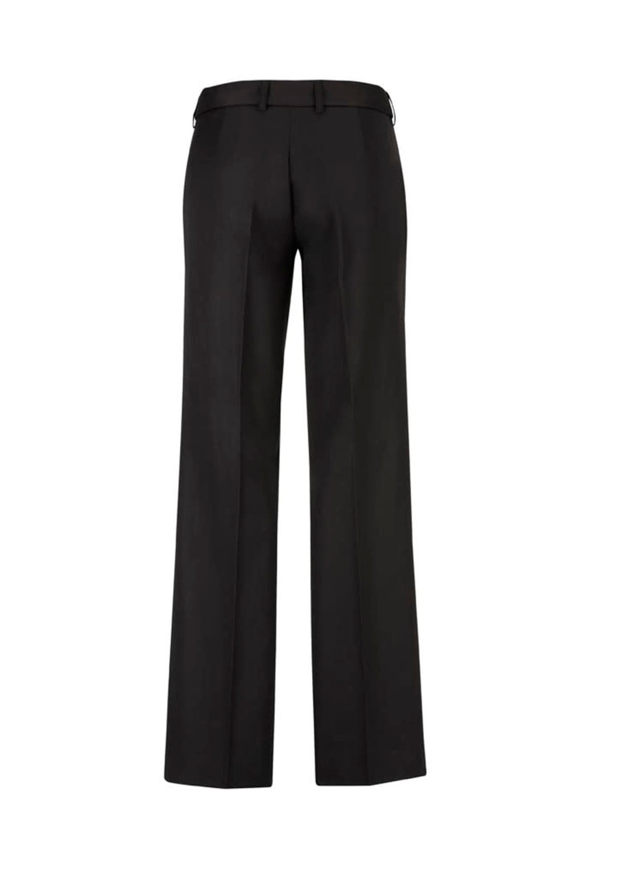 A pair of women's black slacks features a straight leg design and adjustable waistband, with a logo on the back.