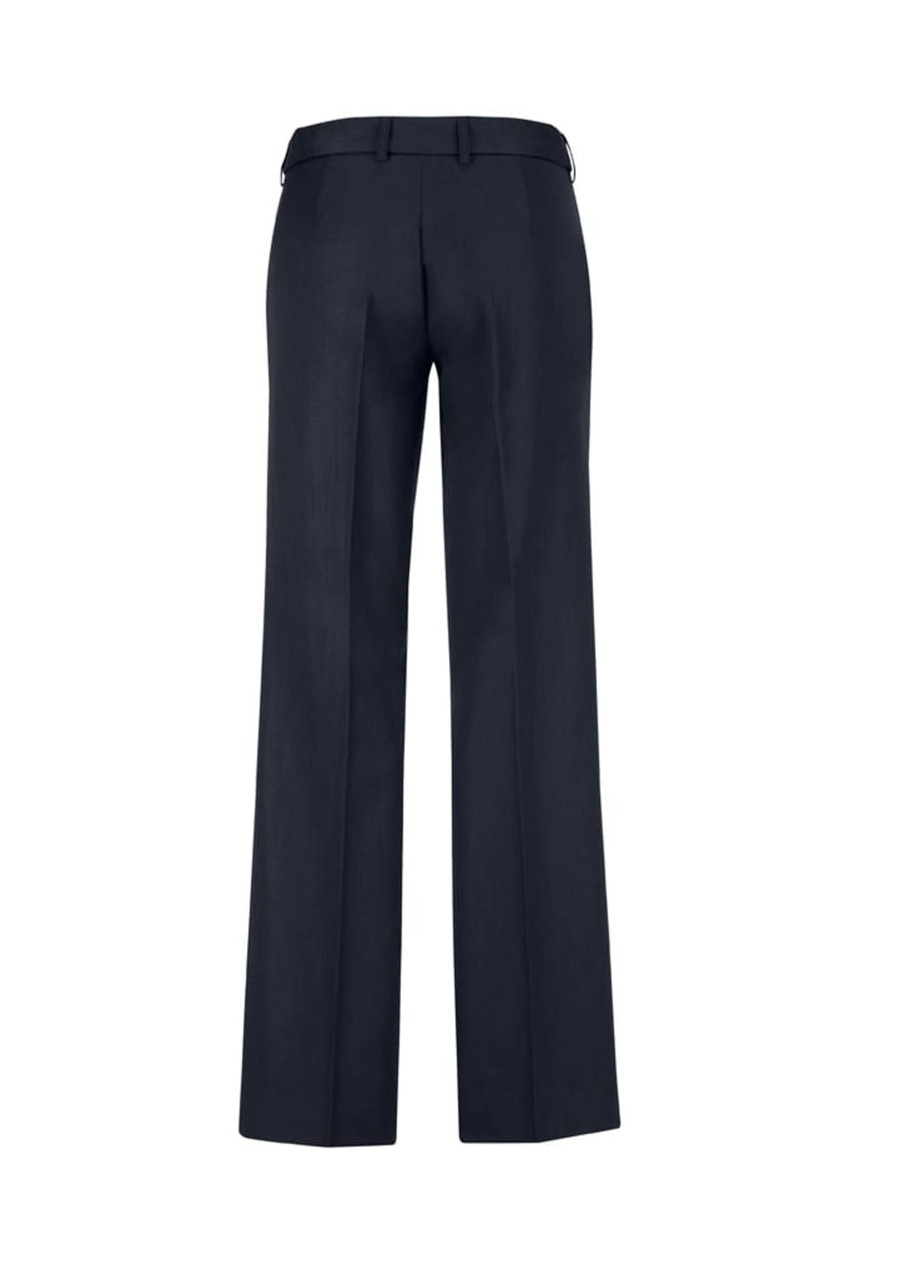 A pair of women's comfort wool stretch adjustable waist pants in dark grey, viewed from the back.
