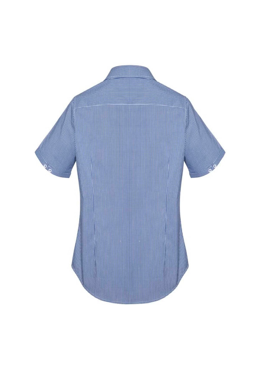 A short sleeve button-up shirt in a blue and white check pattern, featuring a logo on the back.