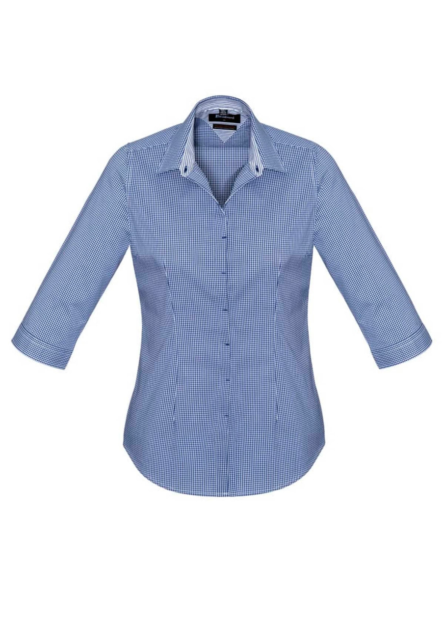 A women's blue and white check 3/4 sleeve button-up shirt with a collar and a logo.