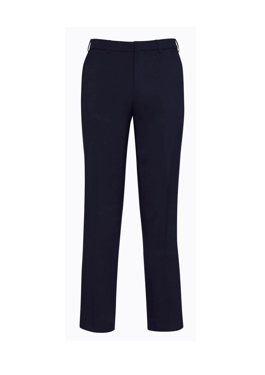 A pair of slimline slacks in navy with a fitted design and a branded logo.