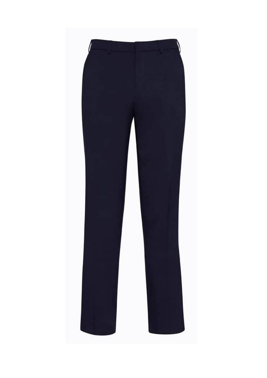 Navy slimline pants with a tailored fit, featuring a waistband and pockets. Includes a logo on the back.
