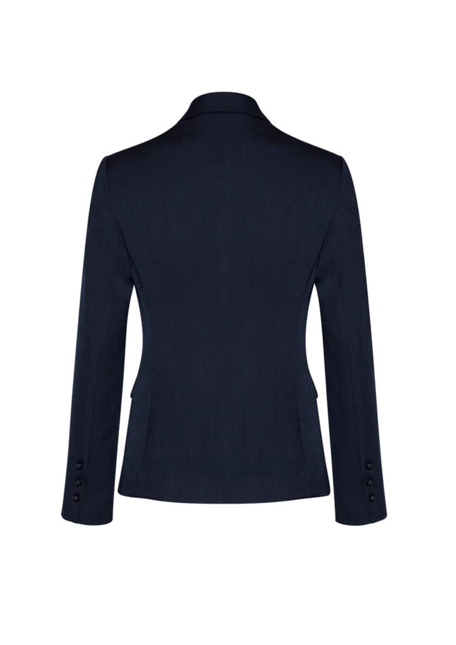 A mid-length women's jacket in navy featuring a two-button closure and long sleeves with buttons at the cuffs.