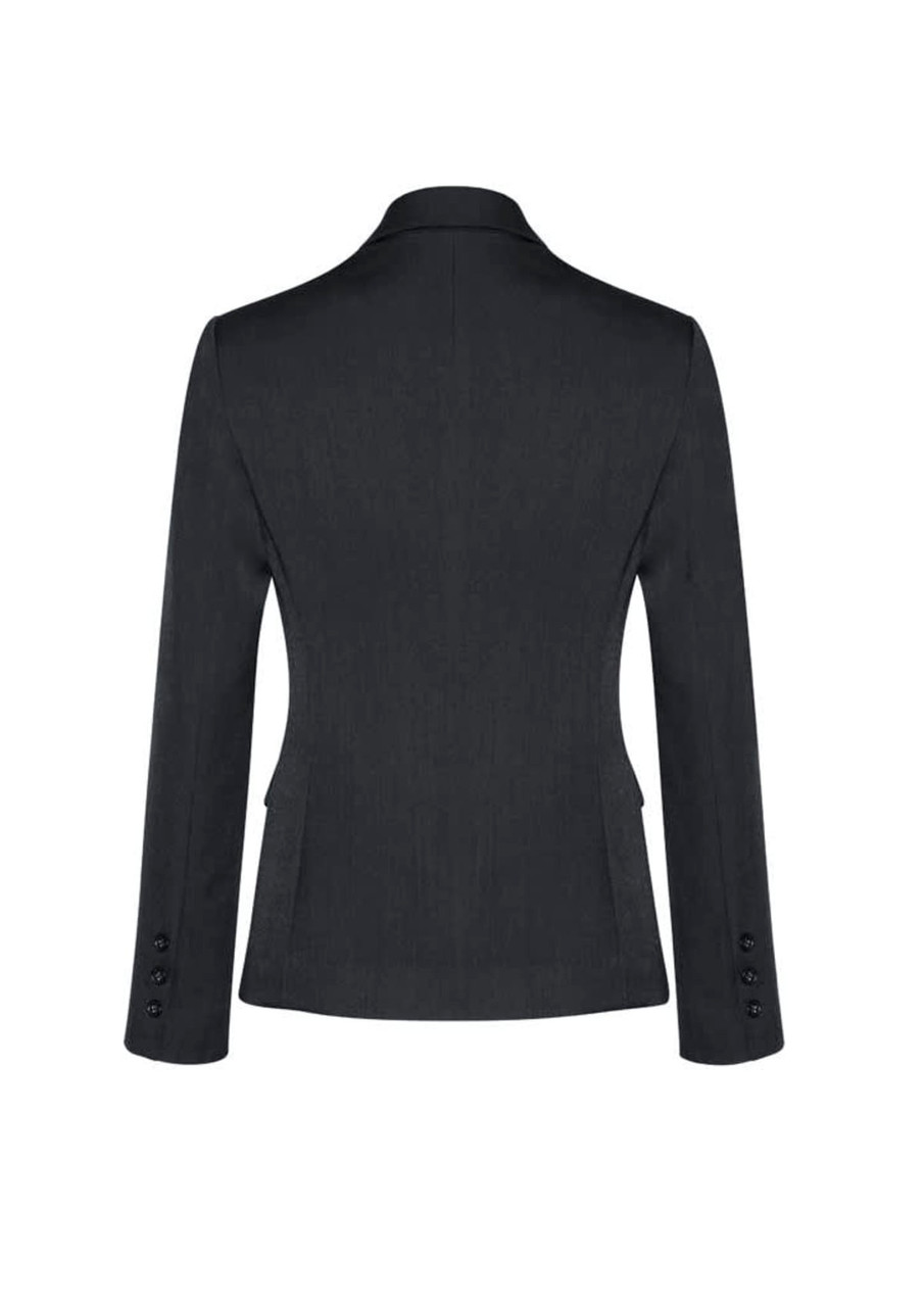 A black mid-length women's jacket with a two-button design and long sleeves, featuring a fitted silhouette.