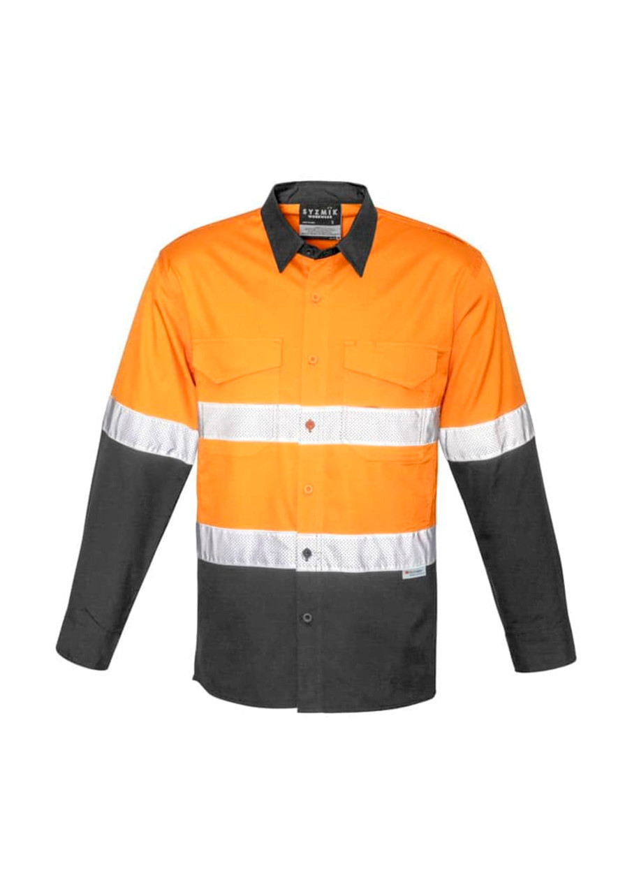 A long sleeve work shirt in orange and grey, featuring reflective tape and two front pockets. It includes a logo.