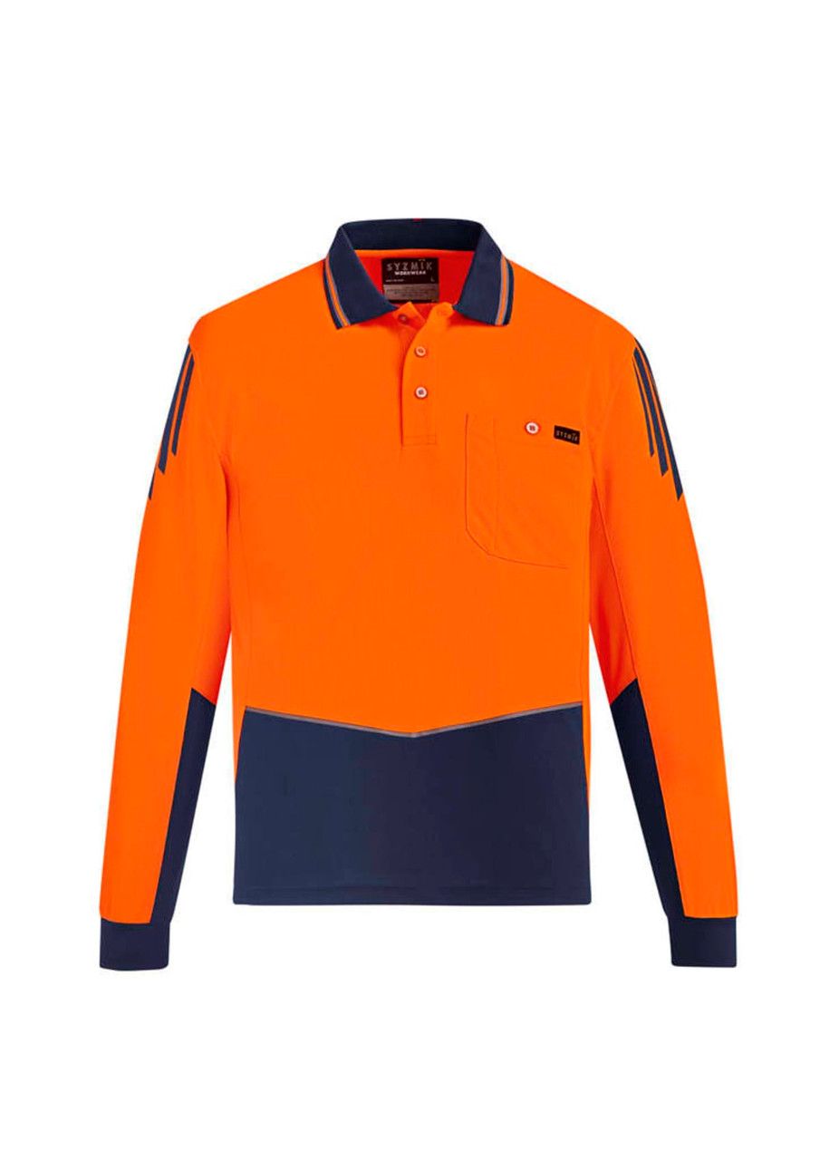 A long sleeve polo in high-visibility orange and navy blue, featuring a chest pocket and logo.