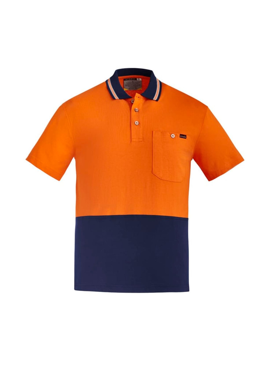 Men's high visibility short sleeve polo in orange and navy, featuring a pocket and a logo on the chest.