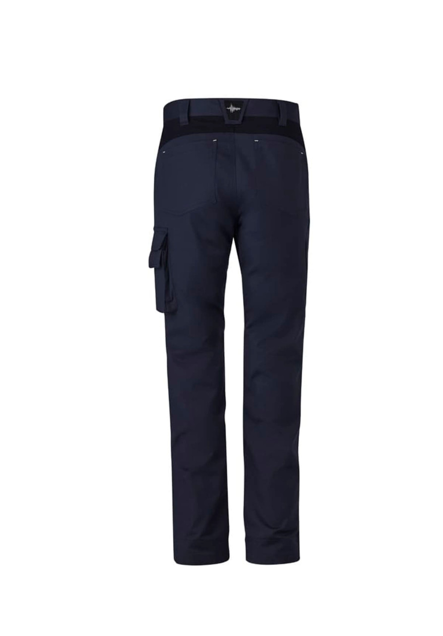 A pair of navy work pants featuring side pockets and a waistband with a logo.