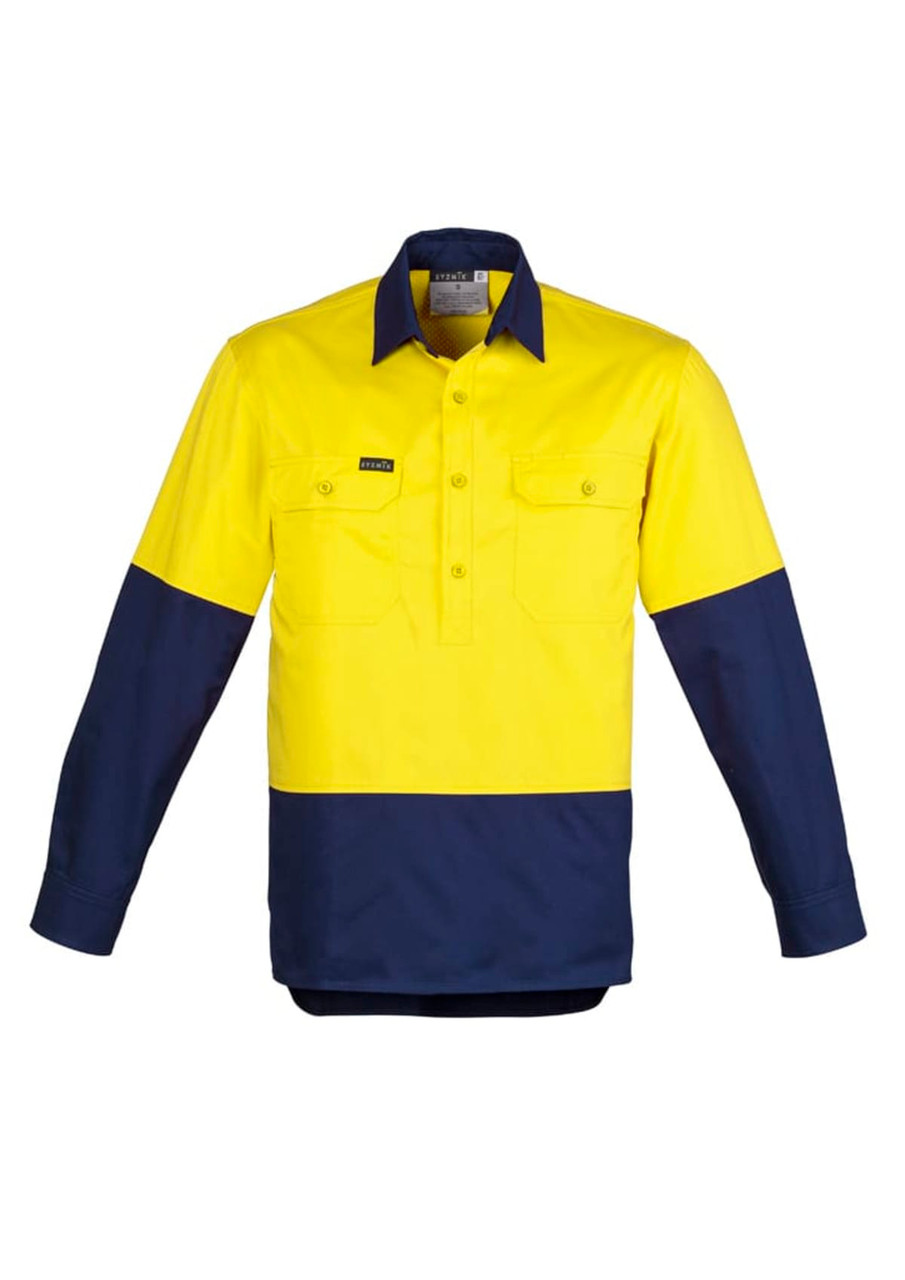 A long sleeve shirt featuring a closed front design, with a bright yellow upper and navy blue lower section. It has two chest pockets and a logo.