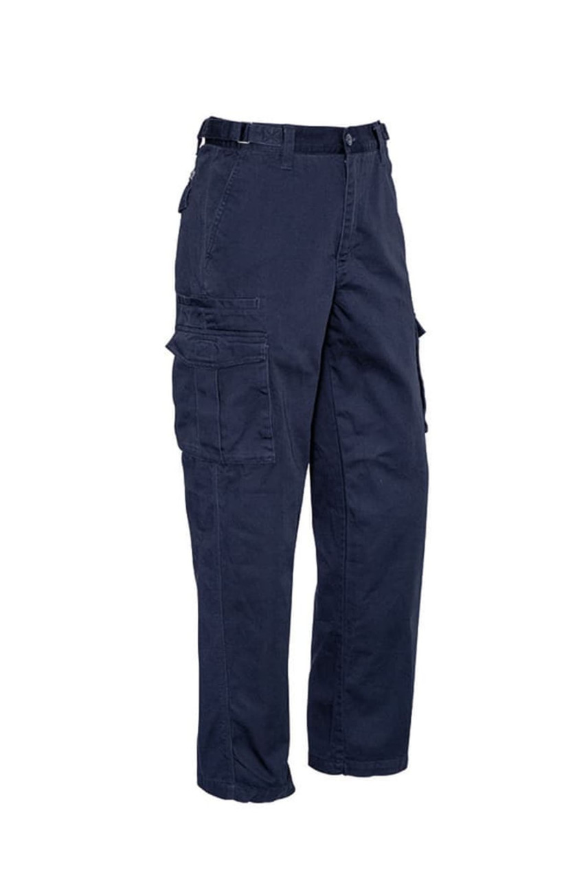 Navy blue cargo pants with multiple pockets and a belt loop, featuring a logo on the waistband.