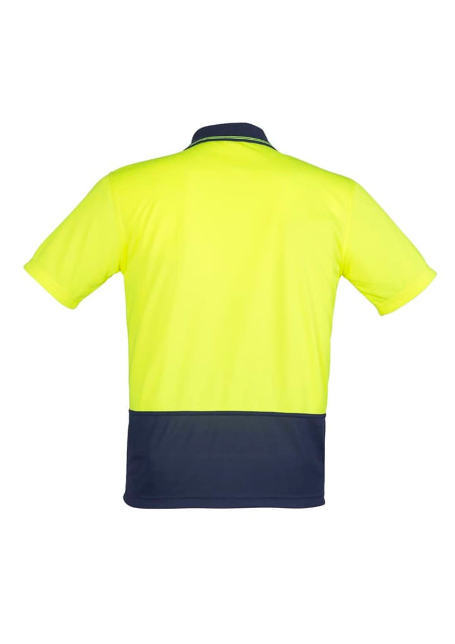 A bright yellow unisex short sleeve polo shirt featuring a navy blue band at the bottom and a logo on the back.