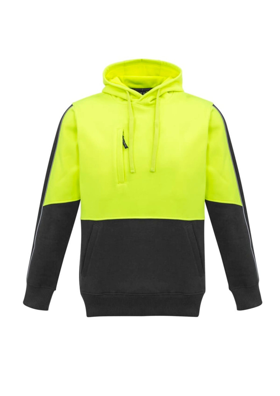 A unisex hi-vis pullover hoodie in bright yellow and black, featuring a logo on the front.