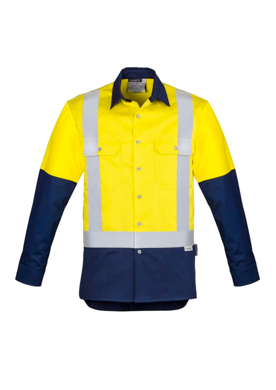 A long sleeve industrial shirt in bright yellow and navy blue, featuring shoulder tape and two chest pockets.