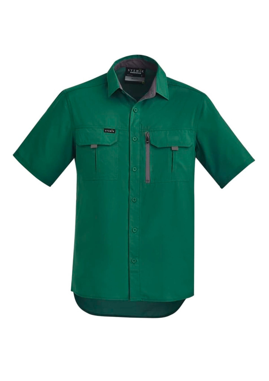 A green short sleeve button-up shirt featuring two chest pockets and a branding logo.