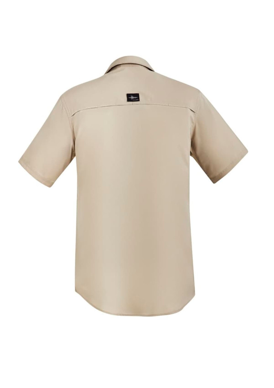 A short sleeve men's outdoor shirt in a light beige colour, featuring a logo on the back.