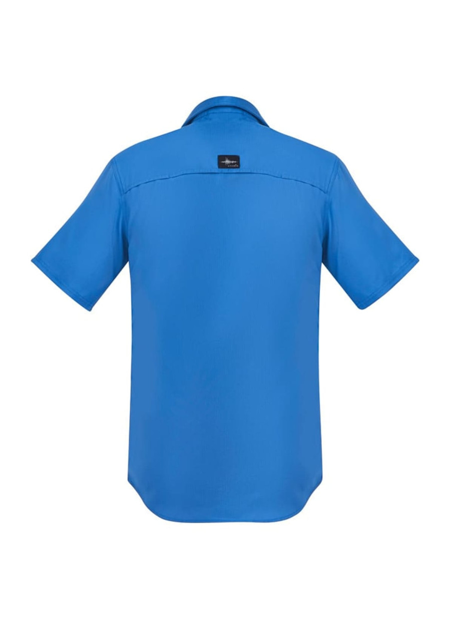 A short-sleeve men's outdoor shirt in bright blue with a logo on the back.