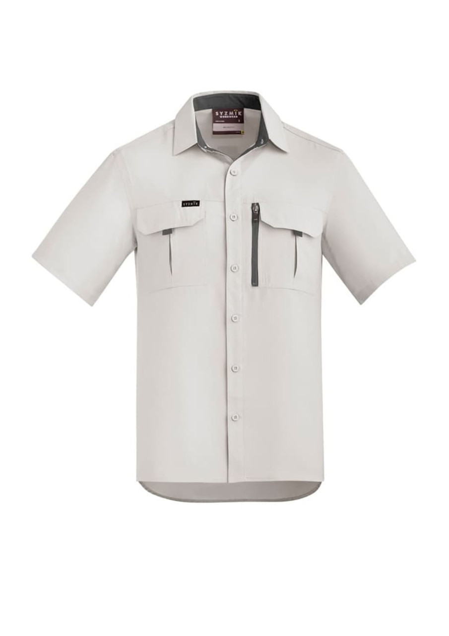 A light grey short sleeve button-up shirt featuring two front pockets and a zippered chest pocket, with a logo.