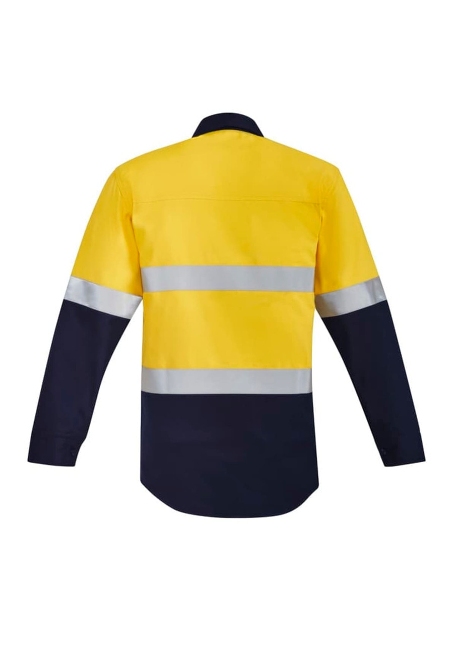 A high-visibility shirt in orange and navy, featuring hoop tape and a closed front design, with reflective stripes.