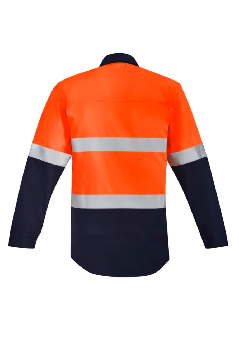 Hi-vis closed front shirt in orange and navy, featuring hoop tape reflective stripes and a logo.