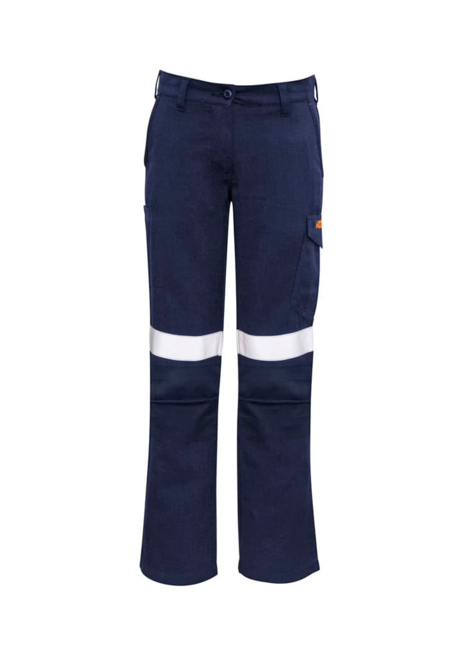 Navy cargo pants with reflective tape detail, featuring multiple pockets and a fitted design. Includes a logo.