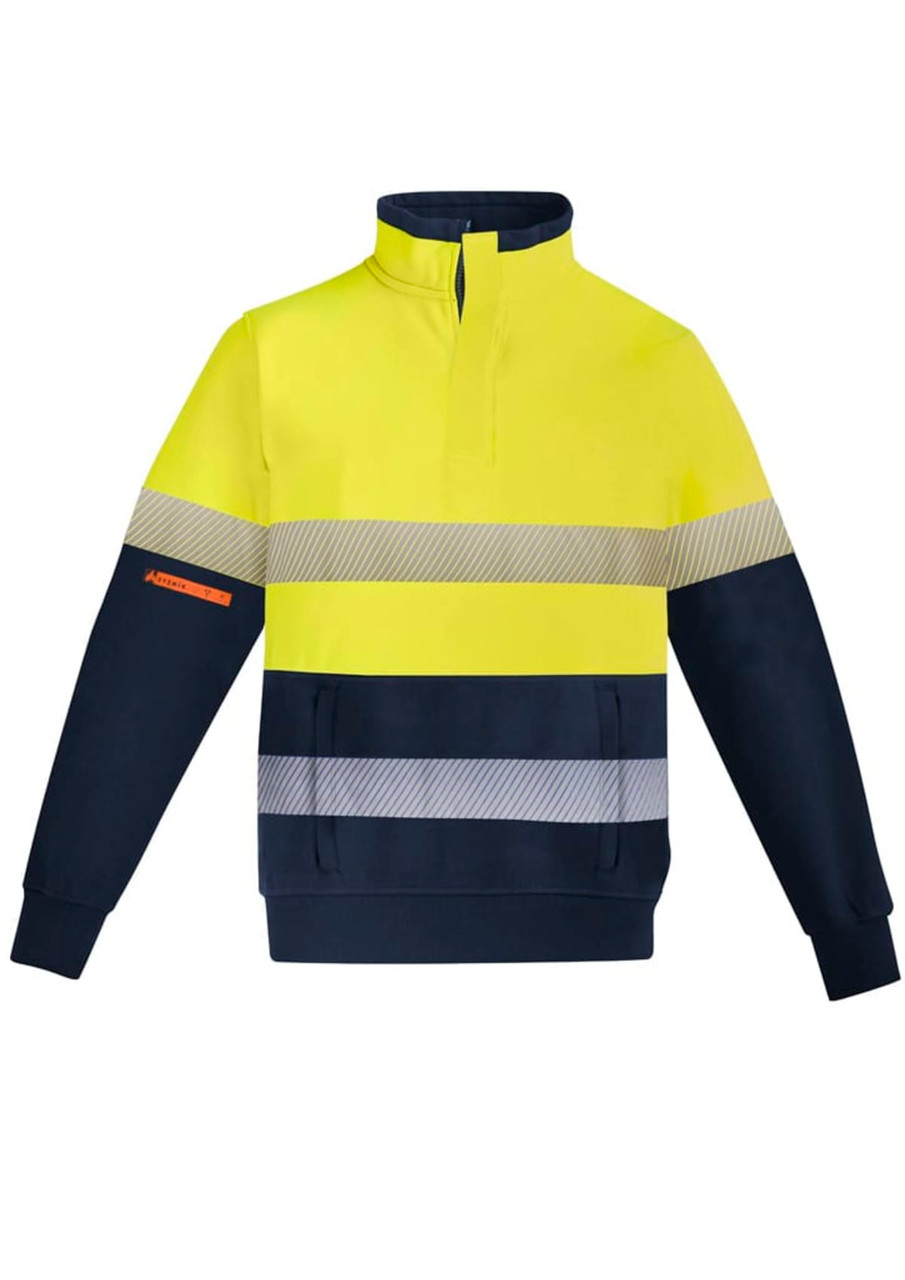 A men's high-visibility pullover in bright yellow and navy, featuring hoop-taped safety stripes and a quarter-zip.