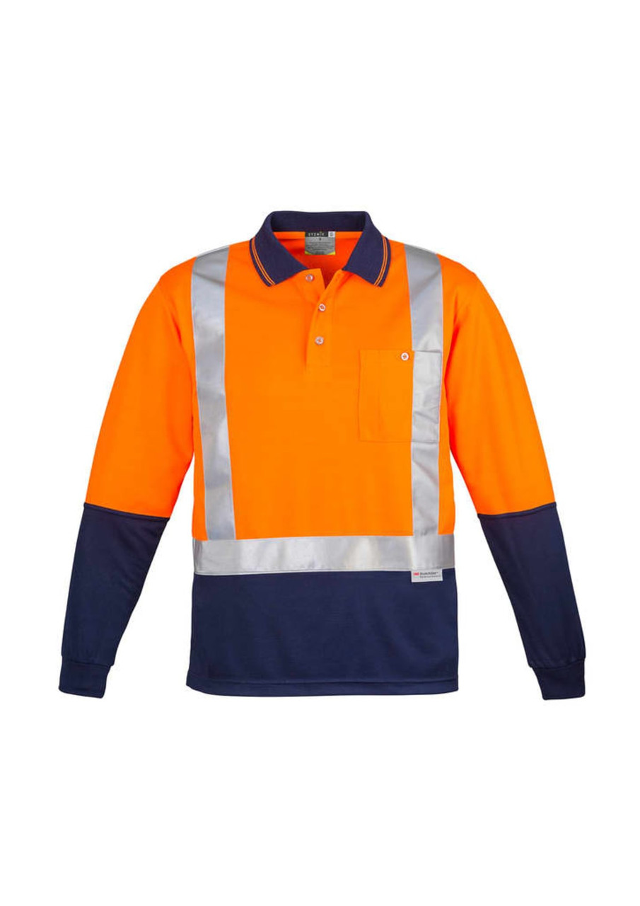 A long-sleeve polo shirt featuring high visibility orange and navy blue panels with reflective tape and a pocket.
