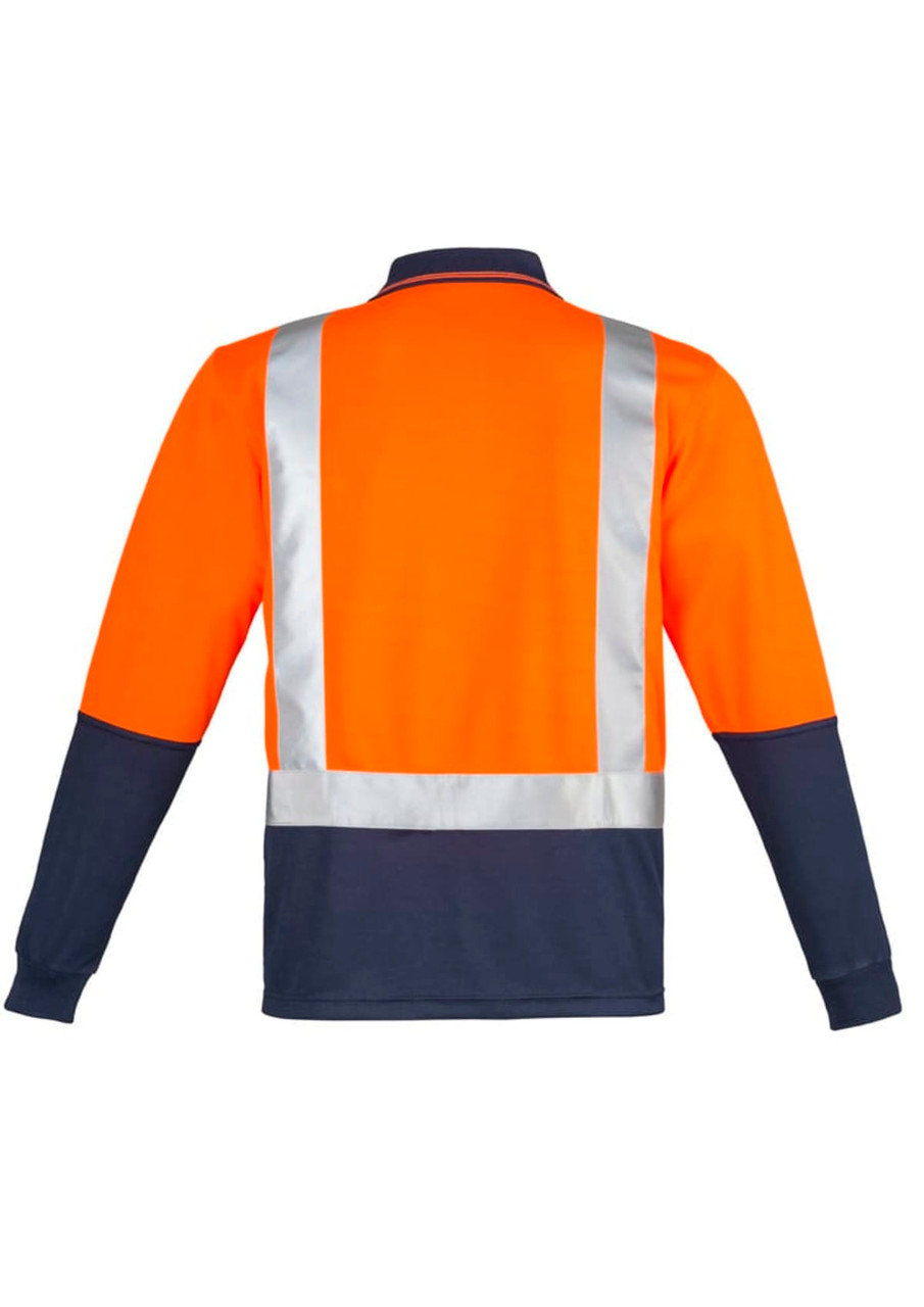 Long-sleeve polo shirt featuring orange and navy colours with reflective shoulder tape and a logo.