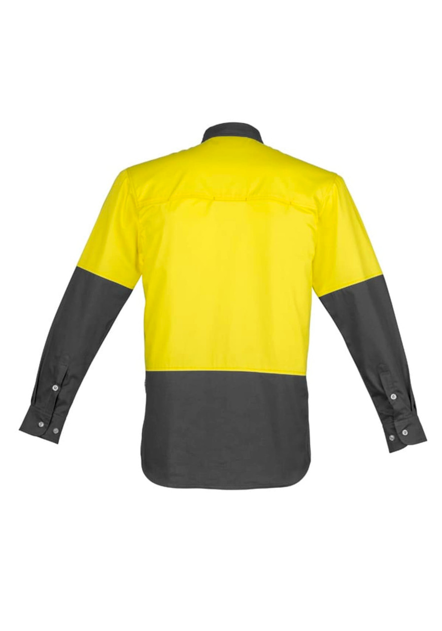 A men's long sleeve work shirt in high visibility yellow and grey, featuring a logo on the back.