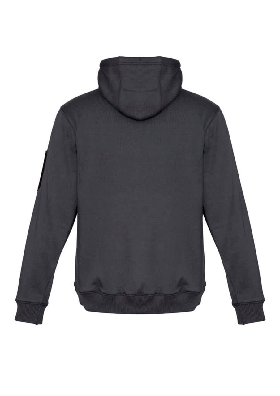 A black unisex multi-pocket hoodie featuring a hood and ribbed cuffs. It has a logo on one sleeve.