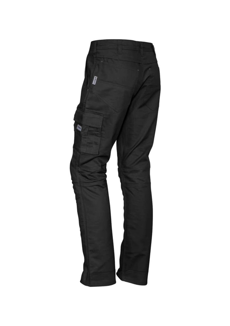 Black men's rugged cooling cargo pants featuring multiple pockets and a fitted design. Includes a logo.