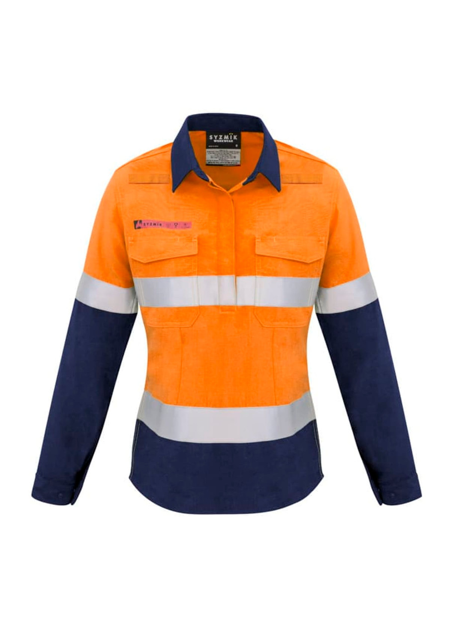 An orange and navy long-sleeve shirt with reflective tape and pockets, featuring a logo on one side.