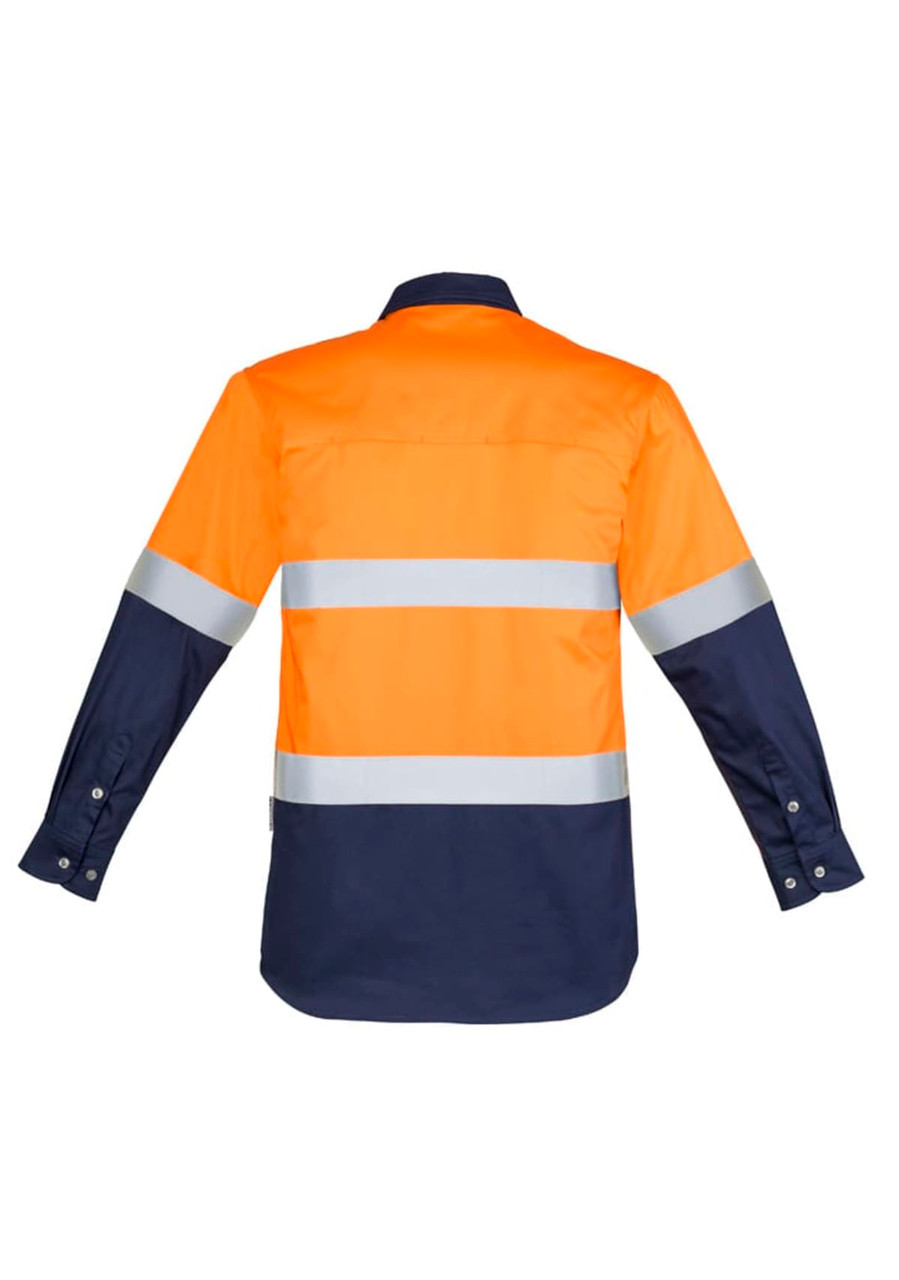 A long sleeve work shirt featuring orange and navy colours with reflective hoop tape. It includes a logo.