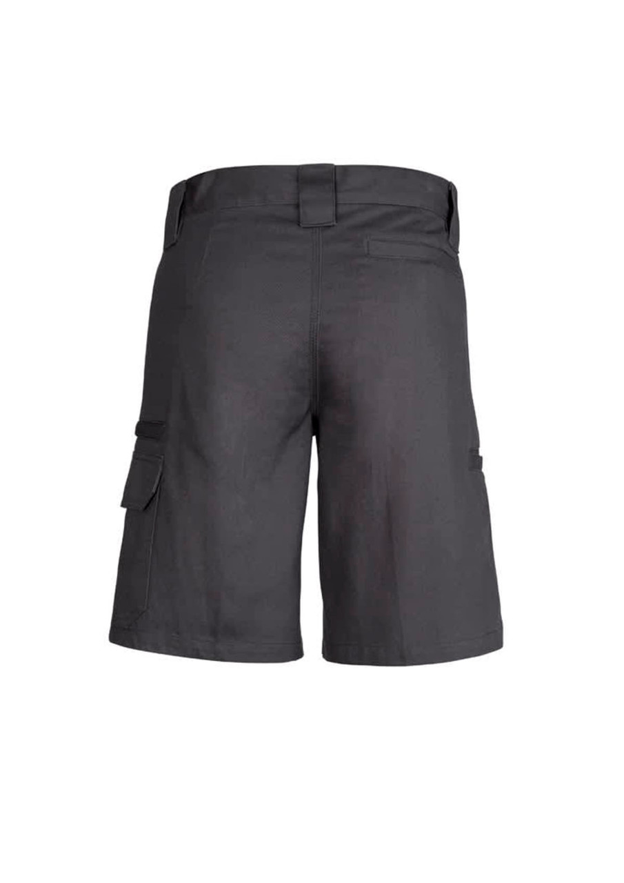 A pair of dark grey utility shorts with cargo pockets and a waistband, featuring a logo on the back.