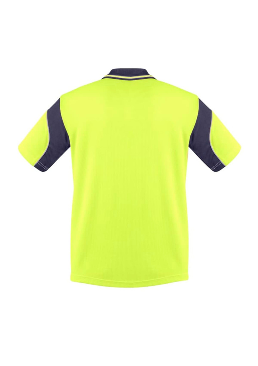 A short sleeve polo shirt in high visibility yellow with navy blue accents and a logo on the chest.