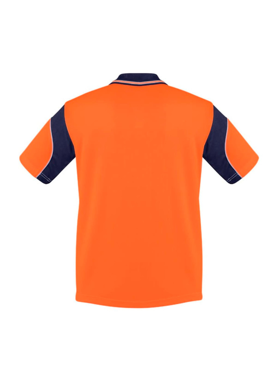 A short sleeve polo shirt in orange and navy, featuring a contrasting design and a logo.