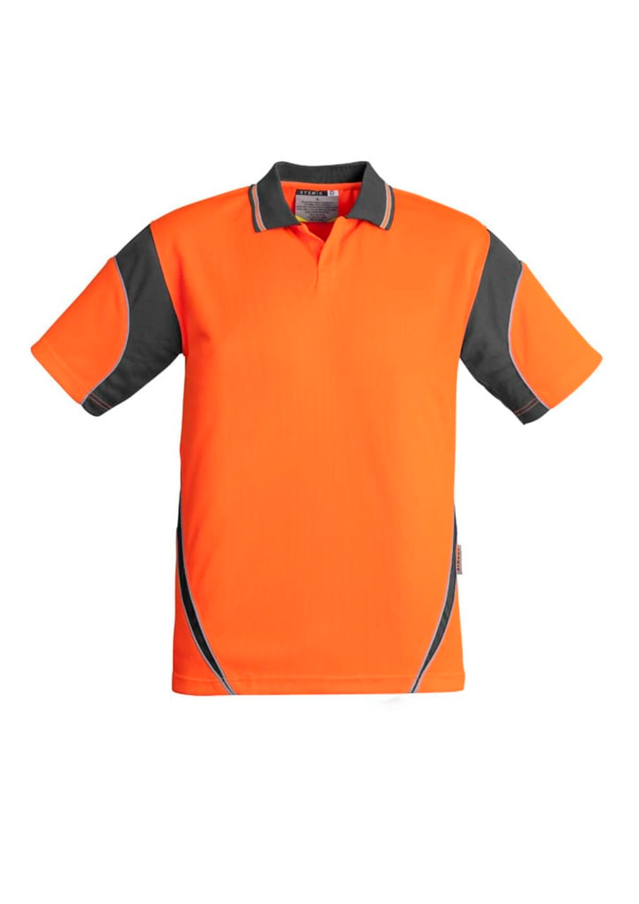 A short sleeve polo shirt in bright orange with black accents and a logo. Suitable for workwear applications.