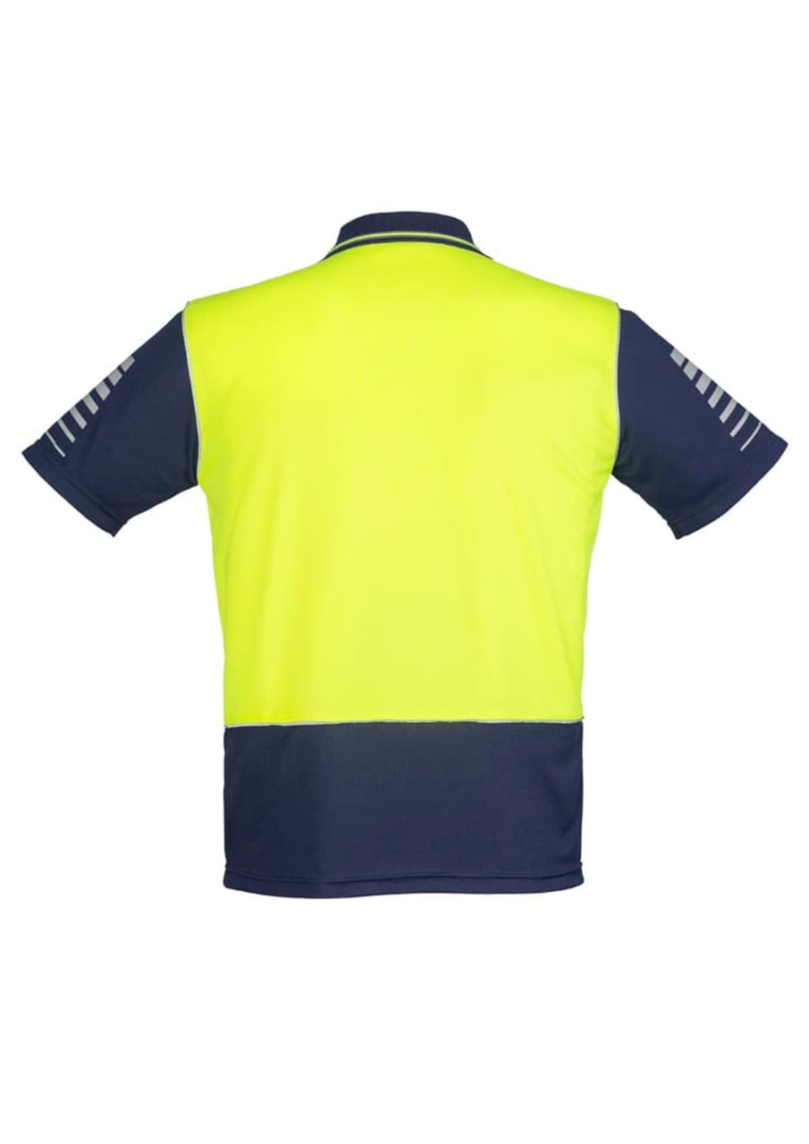A high visibility short sleeve polo shirt in fluorescent yellow and navy blue with a logo on the front.