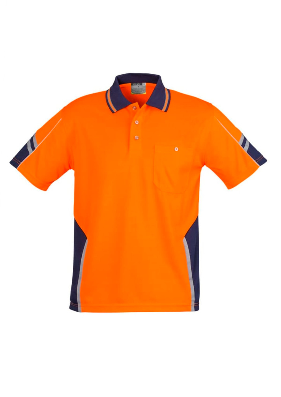 A short sleeve polo shirt in bright orange with navy accents and a logo. Features reflective detailing and a chest pocket.