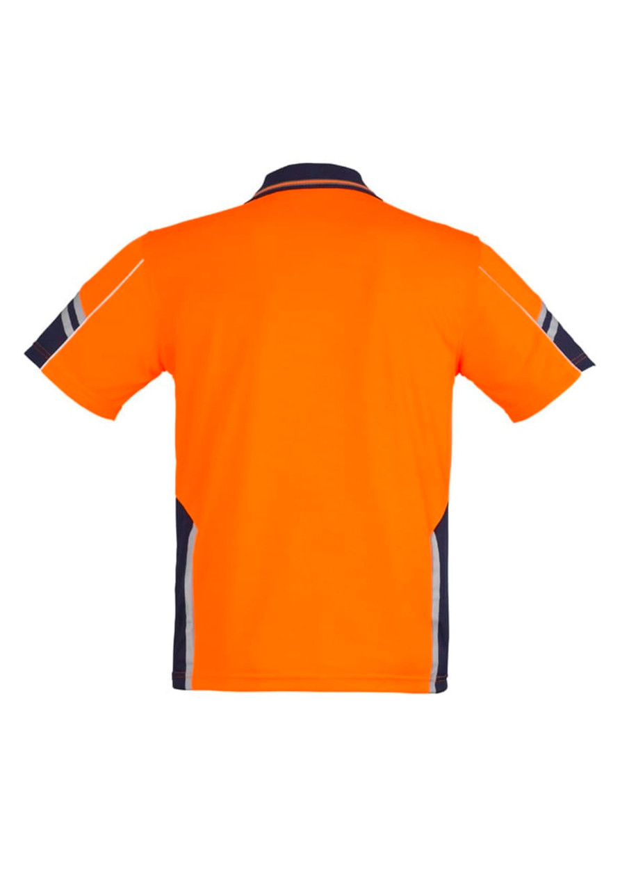 An orange short sleeve polo shirt with navy blue detailing and a logo, designed for workwear.
